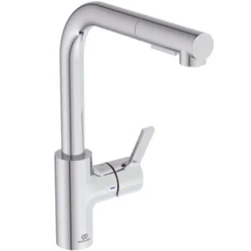 Chromene Ideal Standard Küchenarmatur mit einem hohen, geschwungenen Auslauf und einem ergonomischen Hebel für die Bedienung. Flexibler Brausekopf integriert.